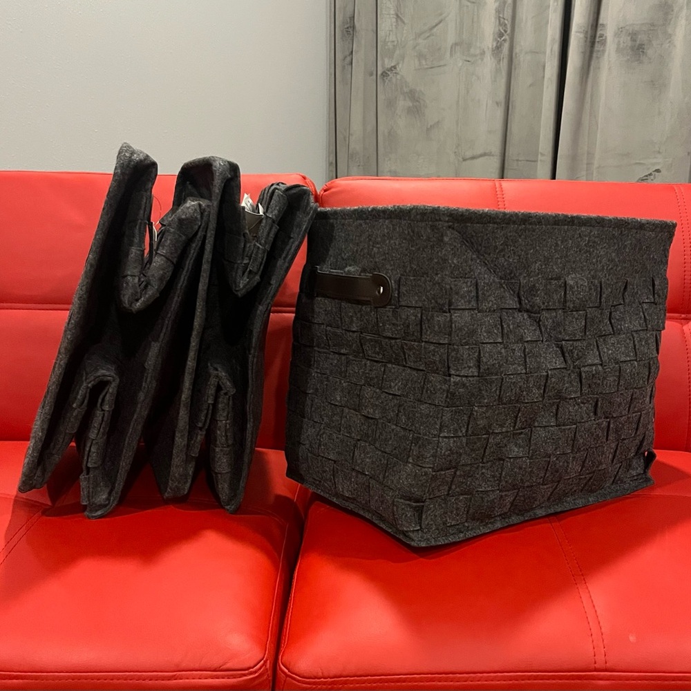 Set of 3 Collapsible Felt Woven Basket Grey Large Pleather Handles NEW storage ￼